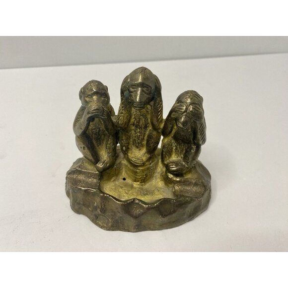 Hear Speak & See No Evil Monkey Ashtray Figurine Decorative Brass Tone READ - Picture 1 of 9